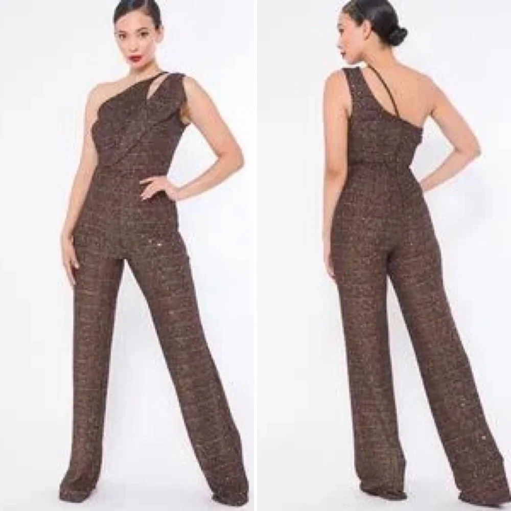 One-Shoulder Brown Sparkle Jumpsuit - Picture 1 of 2